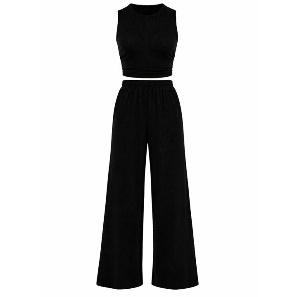 OQQ 2 Piece Ribbed Lounge Set Black Tank Top Wide Leg Pants M NWOT